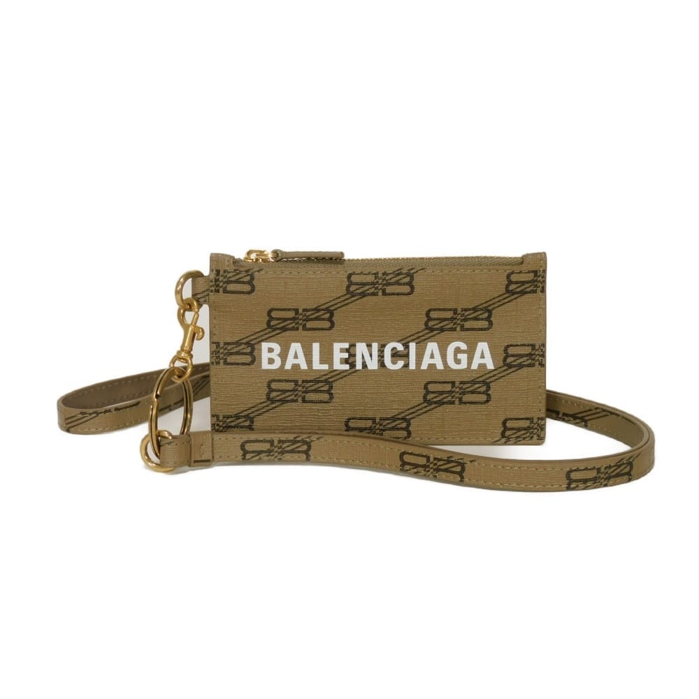 BALENCIAGA バレンシアガ キャッシュ フラグメントケース ストラップ BBロゴ カードケース 名刺入れ パスケース 財布 ミニウォレット 未使用 新ロゴ ベージュ コインケース 594548 210DA 2762
