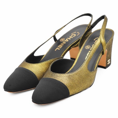 【美品】CHANEL シャネル スリングバックパンプス G31318 メタリック ラメ レザー & グログラン シグネチャー ロゴ COCOマーク チャーム バイカラー シューズ 靴 箱付属 レディース サイズ 36.5C ゴールド ブラック 金 黒 伊製