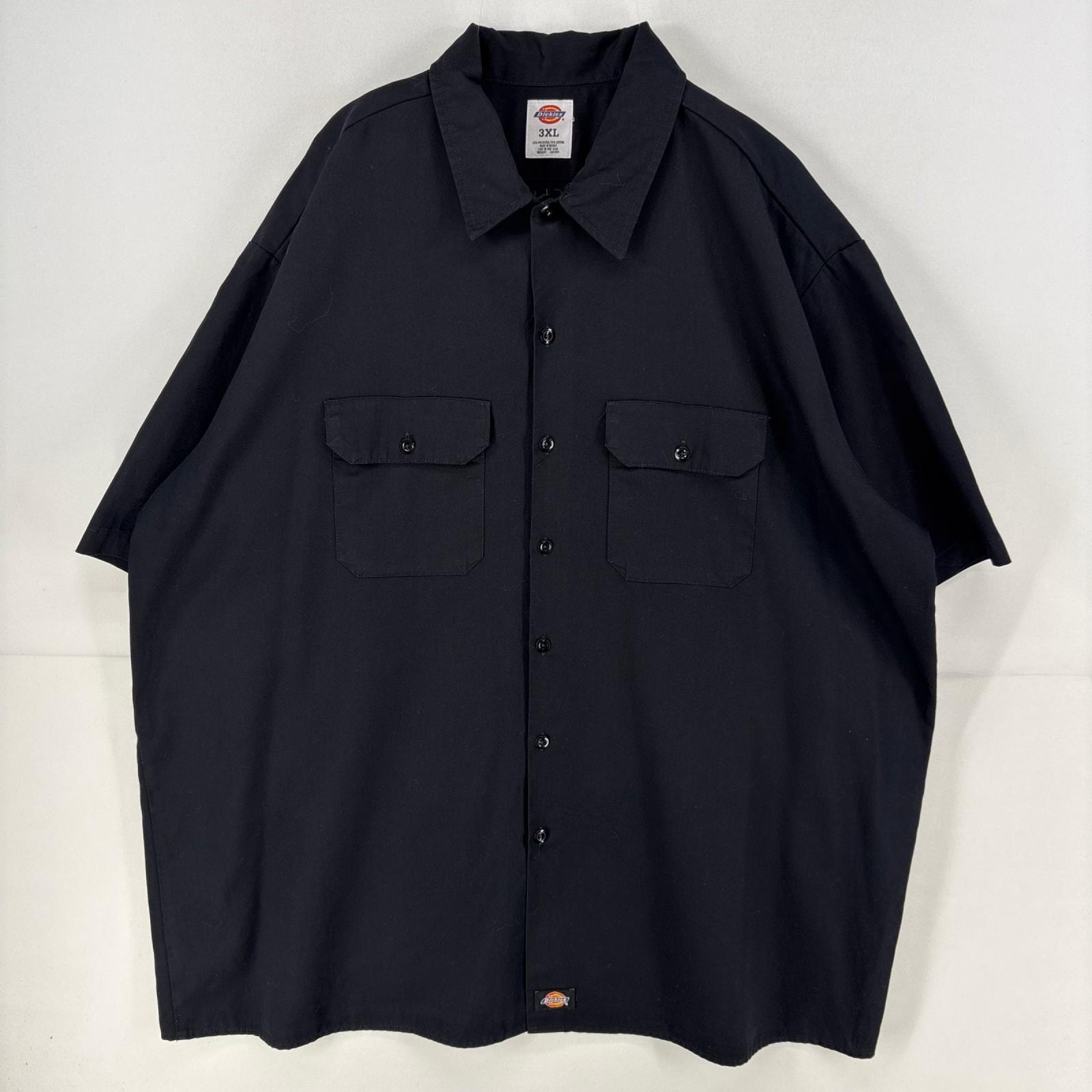 古着 ディッキーズ Dickies 半袖シャツ ロゴ ワークシャツ 作業着 大きいサイズ ワンポイント 3XL  ブラック 無地 メンズ