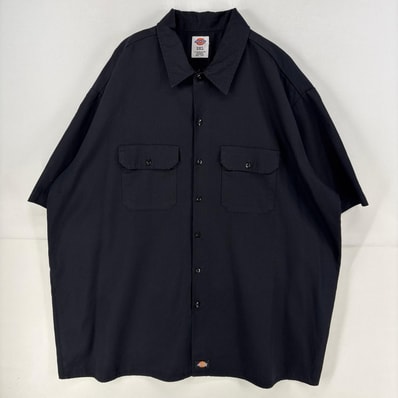 古着 ディッキーズ Dickies 半袖シャツ ロゴ ワークシャツ 作業着 大きいサイズ ワンポイント 3XL ブラック 無地 メンズ