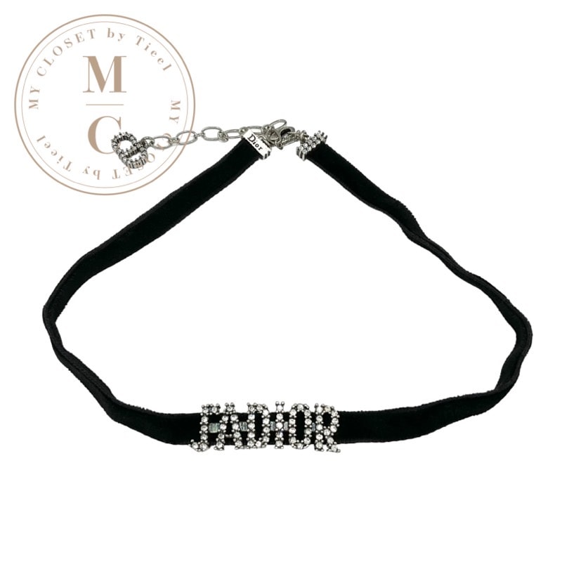 クリスチャンディオール CHRISTIAN DIOR JADIOR ネックレス ペンダント チョーカー ブラック 黒 シルバー ジャディオール ベルベット ラインストーン ロゴ