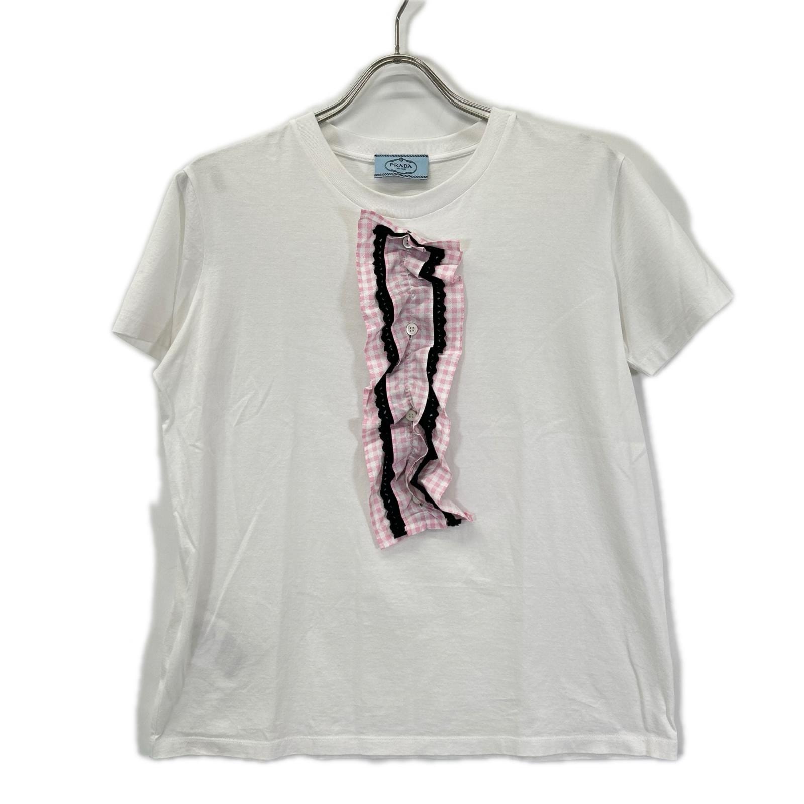 プラダ 17年 ホワイト デタッチャブル ピンクフリル Tシャツ L