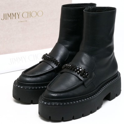 2022AW■JIMMY CHOO ジミーチュウ BRYER ブライヤー ブーツ サイズ40 フラット ショートブーツ ブーティ 厚底ソール ビジュー サイドジップ イタリア製 ブランド古着【中古】20250520/RA4765