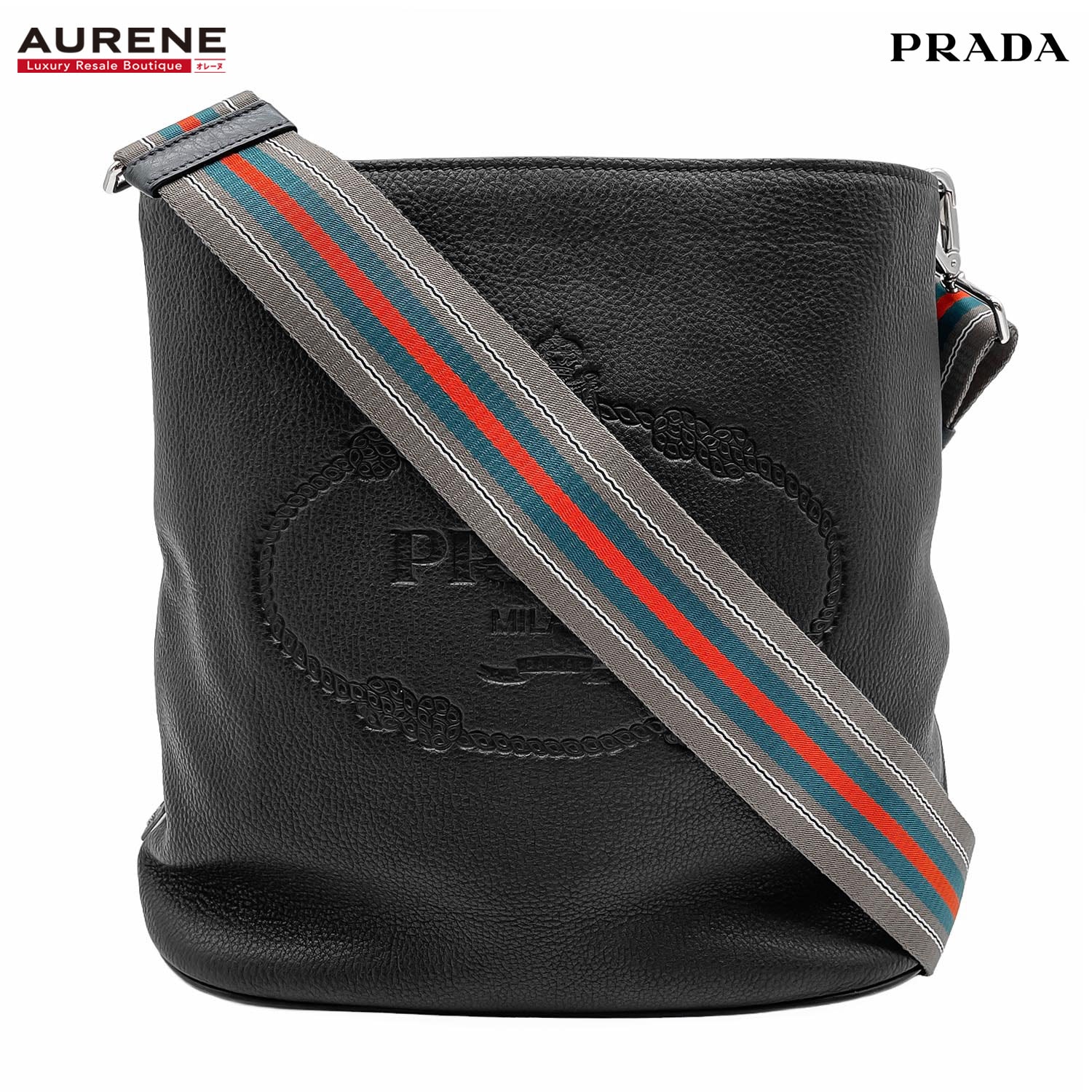 PRADA プラダ ロゴ エンボス バケット ショルダーバッグ
 1BE023 レザー ブラック ユニセックス
 【中古】