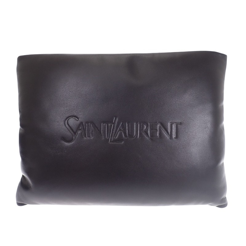 サンローラン SAINT LAURENT ラージパフィーポーチ セカンドバッグ 779512 クラッチバッグ ラムスキン ブラック シルバー金具 レディース メンズ【中古】【Aランク】
