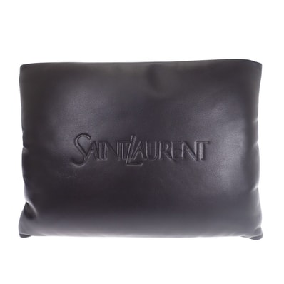 サンローラン SAINT LAURENT ラージパフィーポーチ セカンドバッグ 779512 クラッチバッグ ラムスキン ブラック シルバー金具 レディース メンズ【中古】【Aランク】