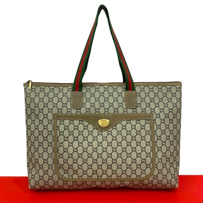 GUCCI グッチ シェリーライン グッチプラス ロゴ 金具 レザー PVC トートバッグ ブラウン
81398