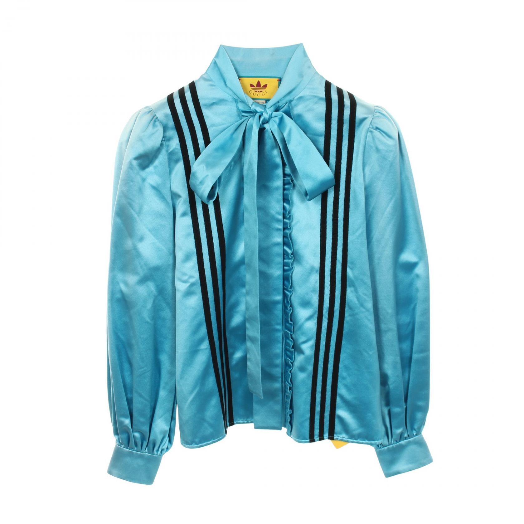 グッチ GUCCI GUCCI × adidas フリル ボウタイ ブラウス 衣料品 トップス シルク レディース ブルー系 / ブラック系 723279 【中古】