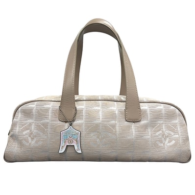 CHANEL 美品 シャネル ニュートラベルライン ミニボストンバッグ チャーム付 A15828 7番台シリアル ナイロン ジャガード レザー ベージュ ショルダーバッグ ハンドバッグ ヴィンテージ ココマーク ABランク 鑑定済 中古 シャネルバッグ