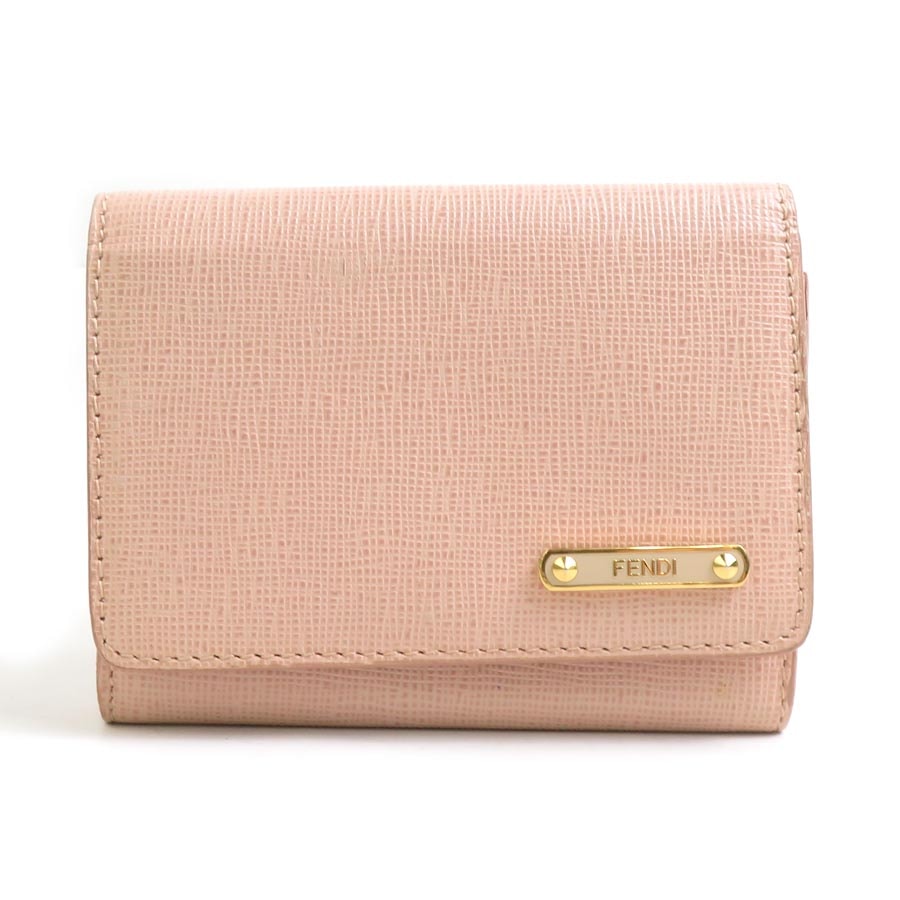 フェンディ FENDI カードケース レザー ライトピンクベージュ ゴールド レディース 8M0217-109【中古】 e61642a