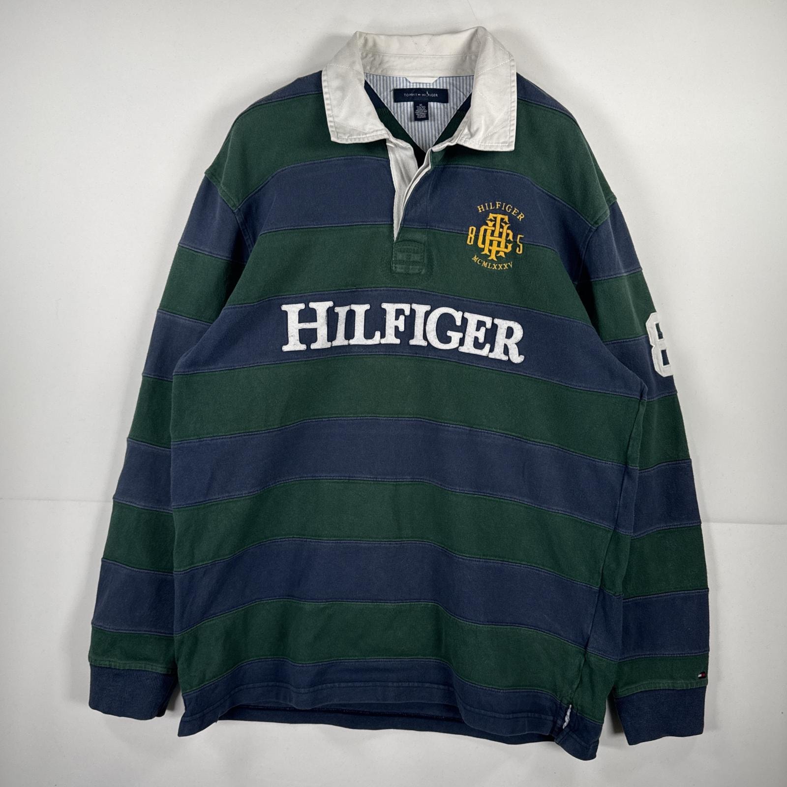 古着 トミーヒルフィガー TOMMY HILFIGER 長袖 長袖シャツ ラガーシャツ 刺繍 ロゴ 大きいサイズ XL  グリーン ボーダー メンズ