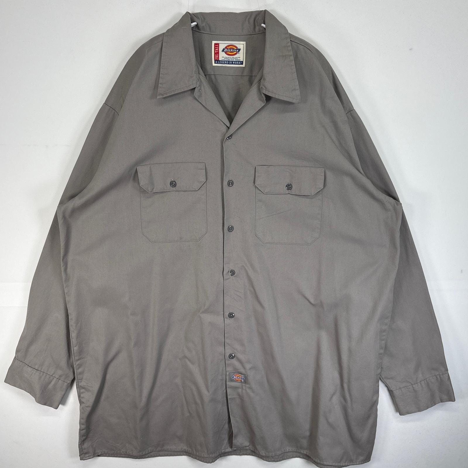 古着 ディッキーズ Dickies 長袖シャツ ワーク 作業着 フラップポケ 大きいサイズ ワンポイント ロゴ 2XL  グレー系 無地 メンズ