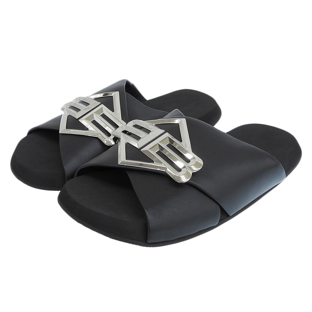 バレンシアガ 新品同様 SUNSET FLAT MULE BBロゴメタルプレート レザー サンダル シューズ メンズ ブラック 43 828478 25SS 43