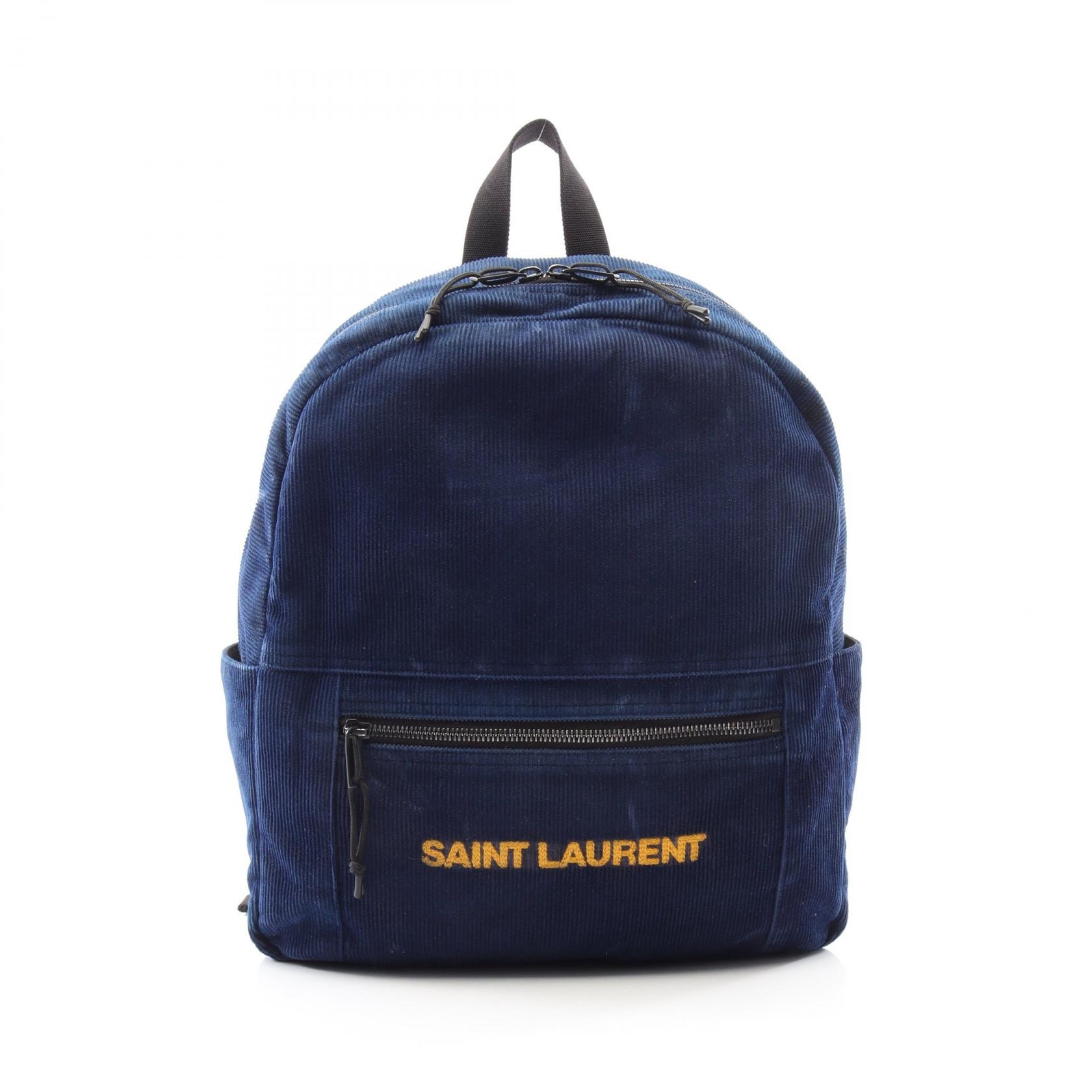 サンローランパリ SAINT LAURENT PARIS ロゴ刺繍 リュックサック バックパック バッグ コーデュロイ メンズ レディース ブルー系 / イエロー系 623696 【中古】
