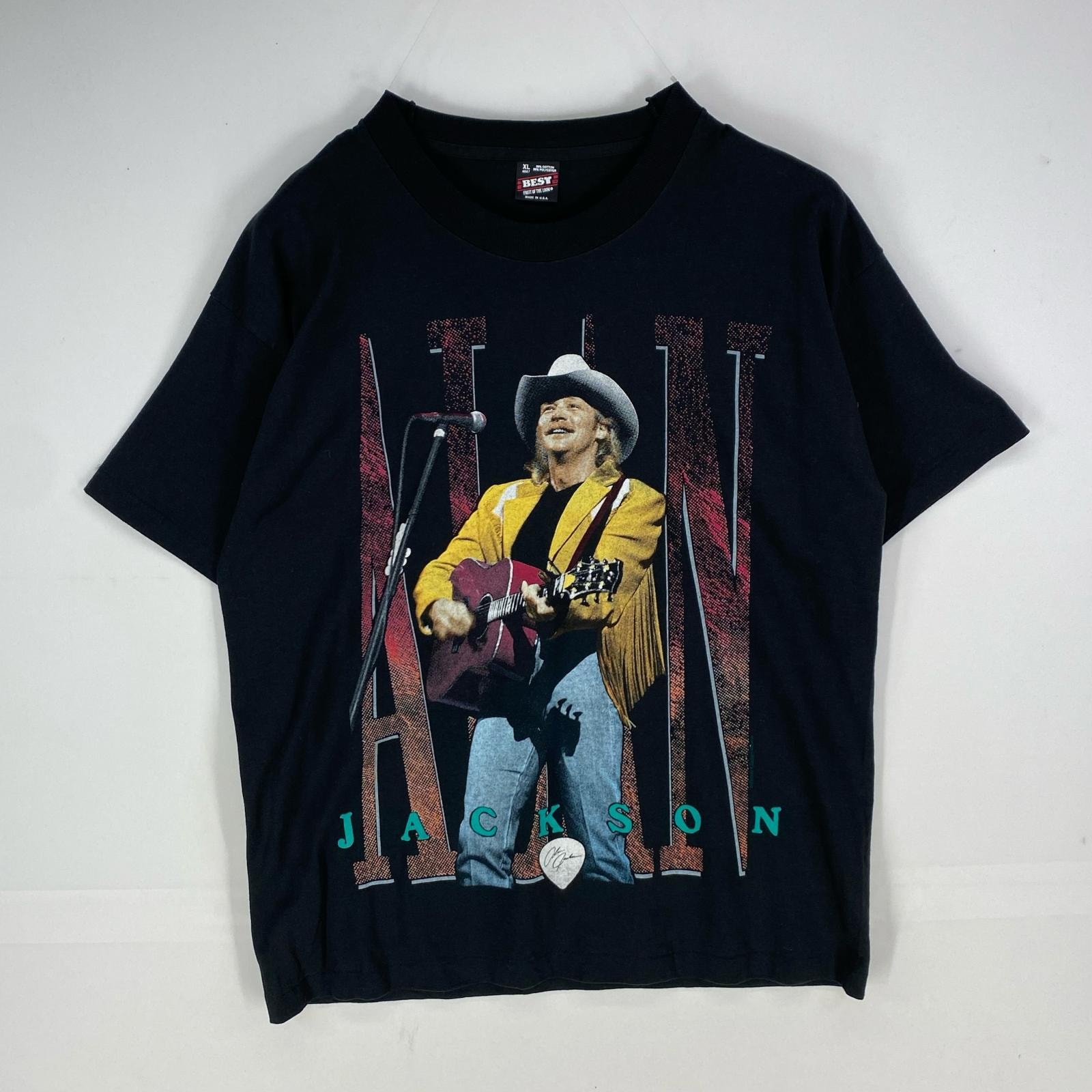 古着 90's/90年代 フルーツオブザルーム FRUIT OF THE LOOM USA製 半袖Tシャツ アランジャクソン XL  ブラック系 両面プリント メンズ