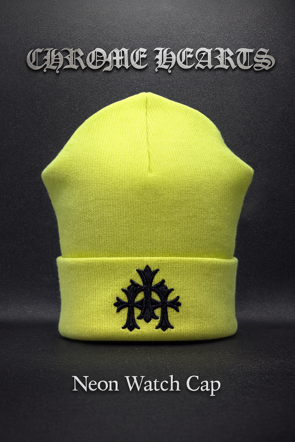Chrome Hearts Cemetery Cross Patch Beanie "Neon Yellow"