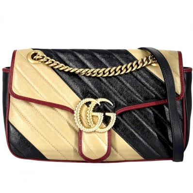 GUCCI グッチ 2WAY GGマーモント キルティングスモールチェーンショルダー ハンドバッグ ショルダーバッグ 肩掛け 斜め掛け 鞄 かばん 443497 レザー ブラック 黒 ベージュ アンティークゴールド金具 レディース【中古品】