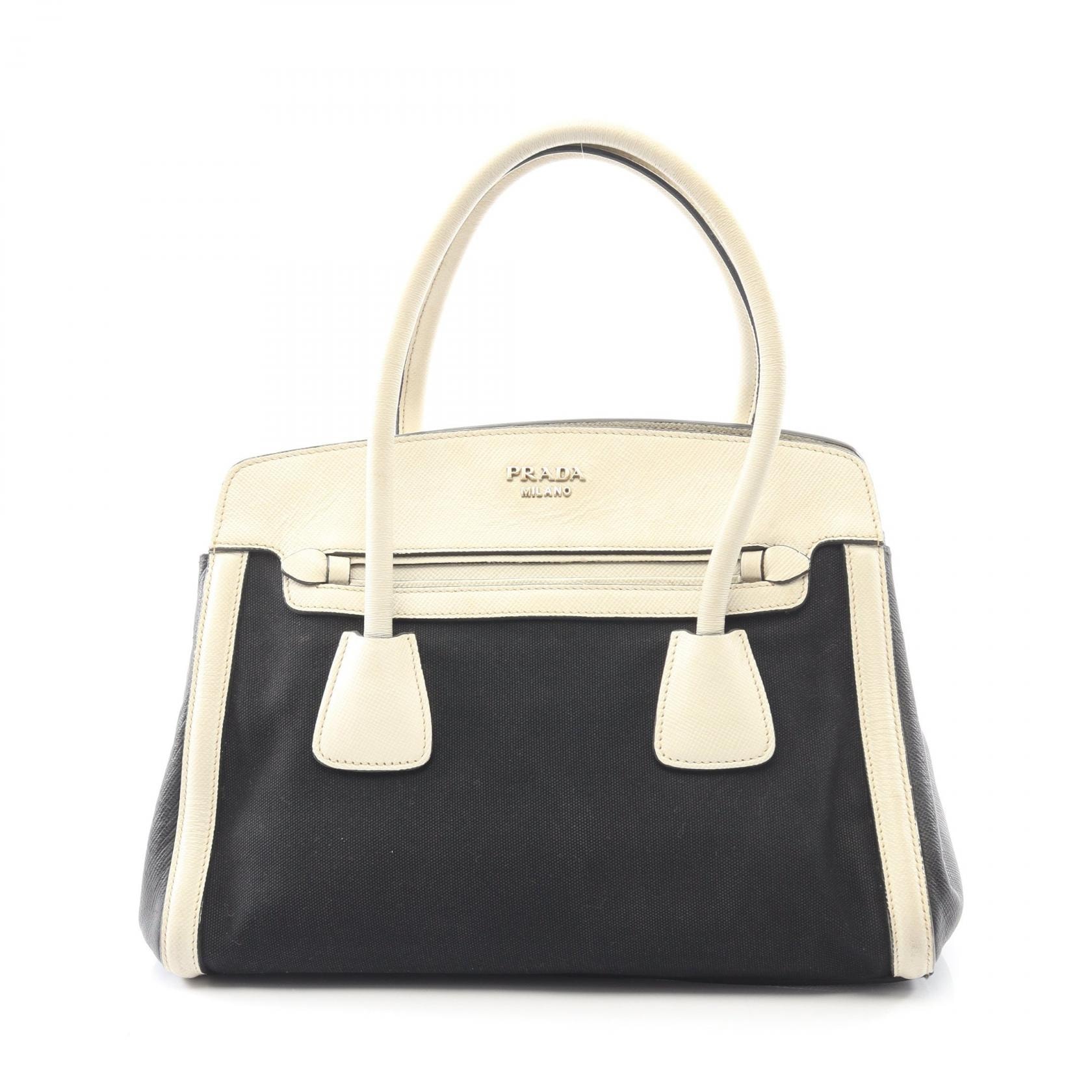 プラダ PRADA ハンドバッグ バッグ キャンバス サフィアーノレザー レディース ブラック系 / ホワイト系 【中古】