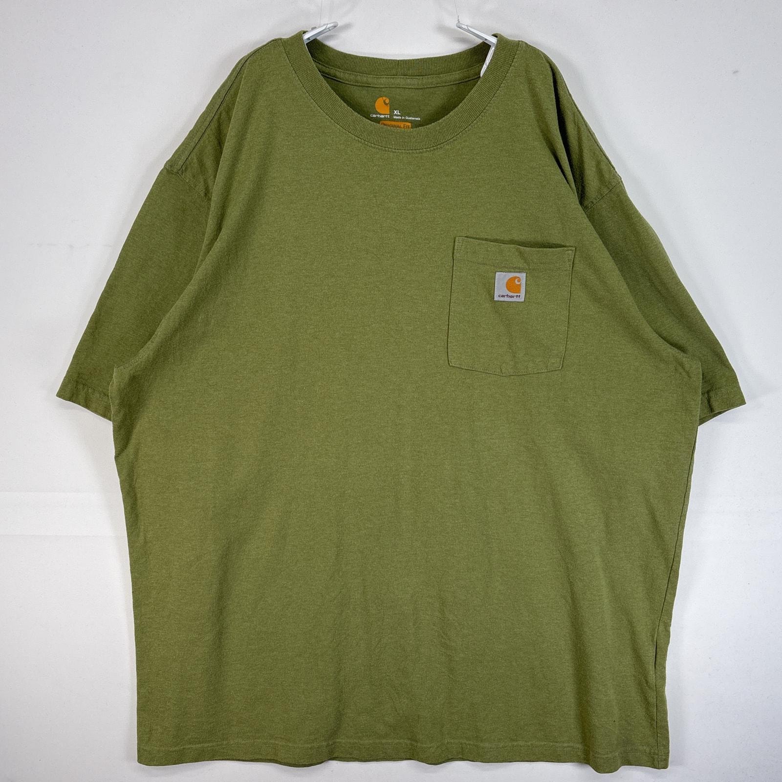 古着 カーハート Carhartt 半袖Tシャツ ワンポイント ロゴ 大きいサイズ 肉厚 胸ポケ XL  グリーン系 無地 メンズ