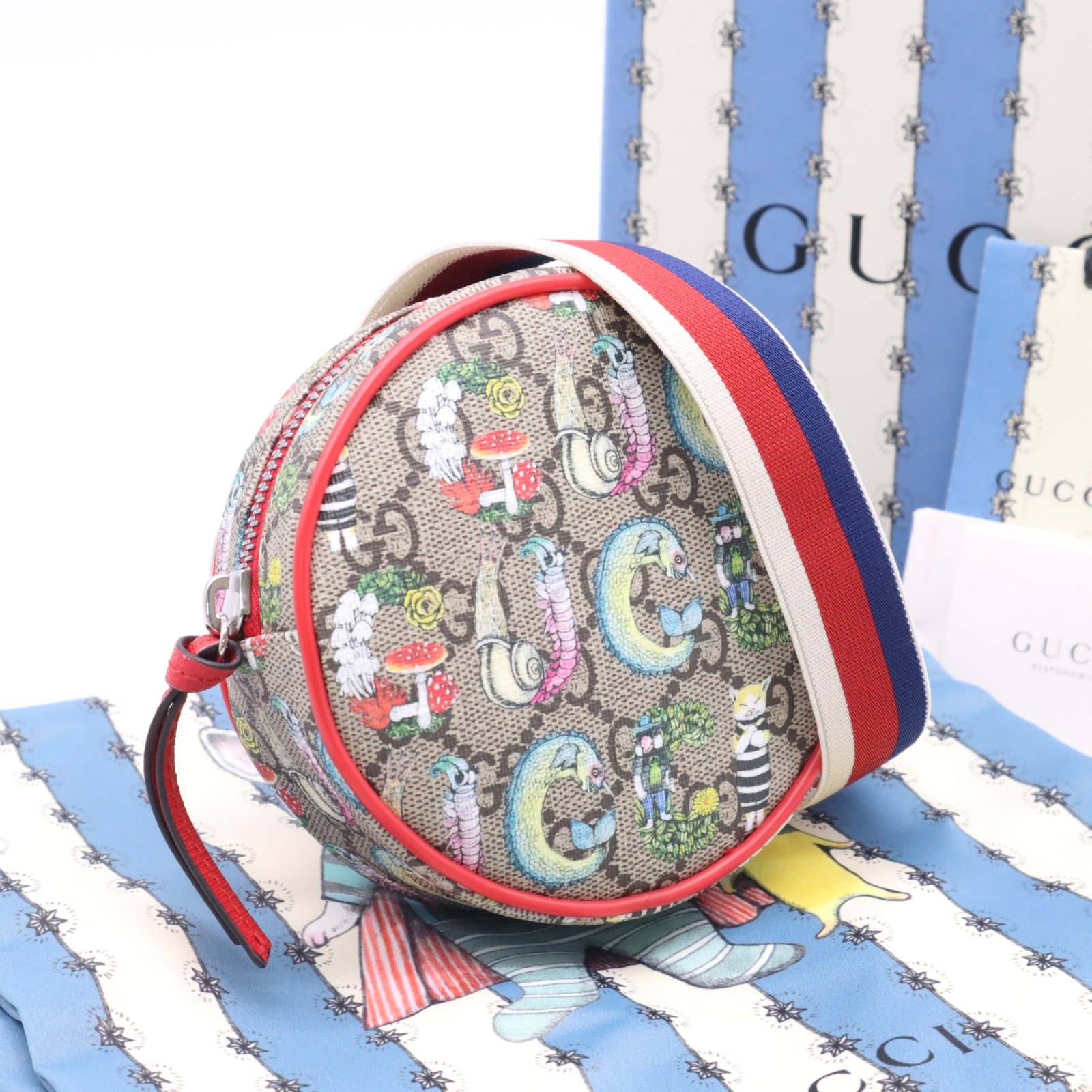 美品 GUCCI グッチ GGスプリーム×キャンバス チルドレンズ ヒグチユウコ ラウンドミニウエストポーチ ベージュ レッド 502330 2wayショルダーバッグ ベージュ ネイビー、レッド、ホワイト コーティングキャンバス キャンバス レディース