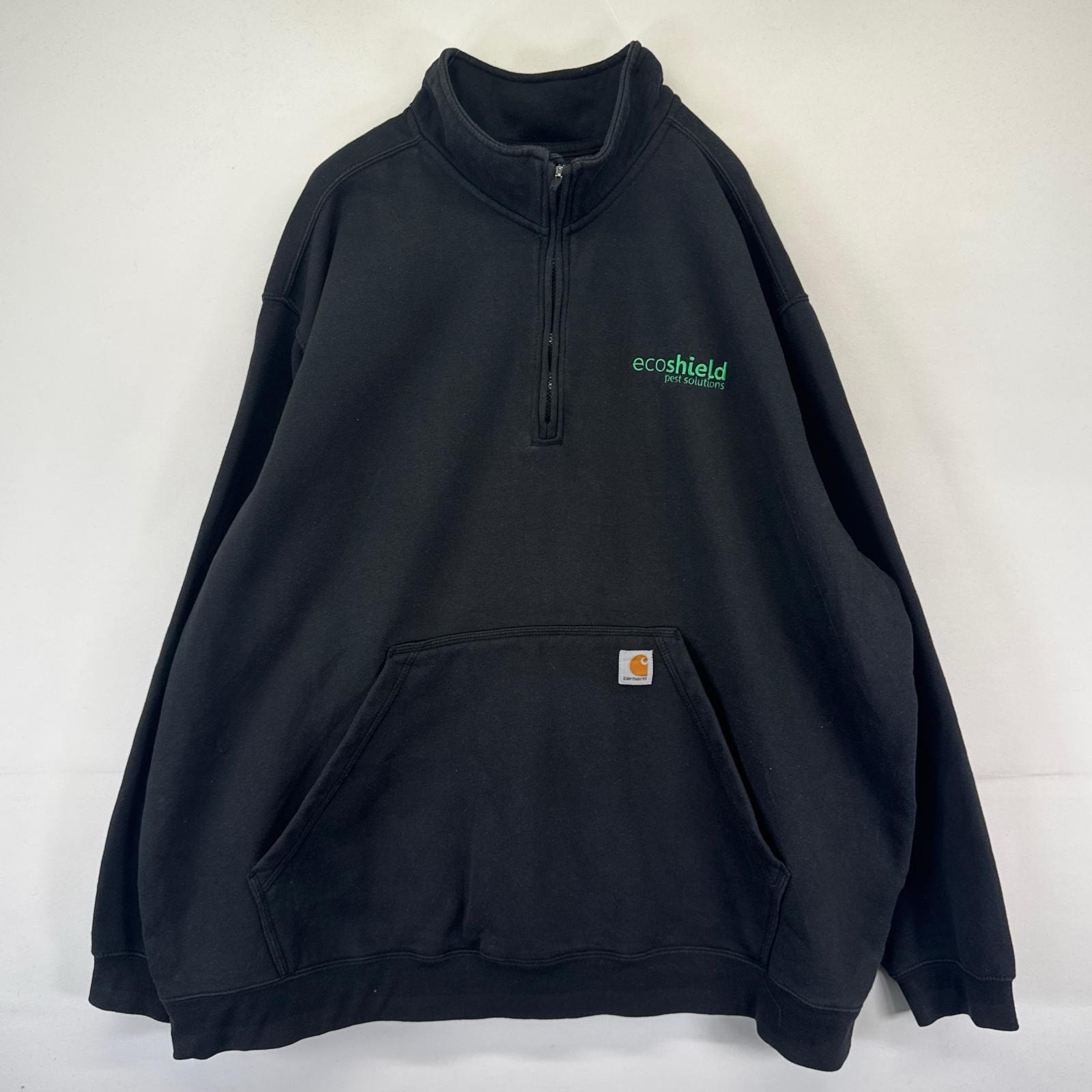 古着 カーハート Carhartt スウェット ハーフジップ プルオーバー ワンポイントロゴ刺繍 企業ロゴ 大きいサイズ 4XL  ブラック系 メンズ