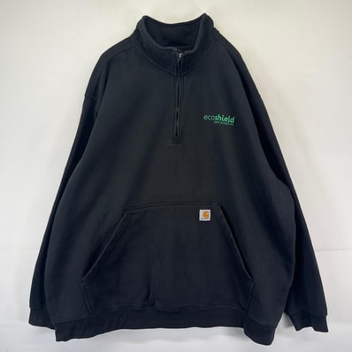 古着 カーハート Carhartt スウェット ハーフジップ プルオーバー ワンポイントロゴ刺繍 企業ロゴ 大きいサイズ 4XL ブラック系 メンズ