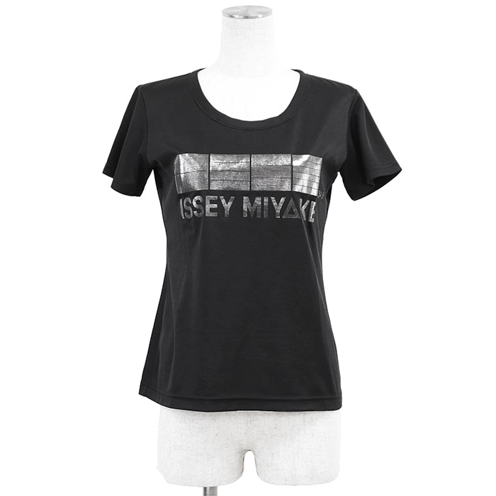 SALE【美品】ISSEY MIYAKE イッセイミヤケ カットソー 半袖 サイズ 2 レディース メタリックロゴ クルーネック ショートスリーブ ポリコットン Tシャツ トップス ブラック シルバー 黒 銀色 日本製