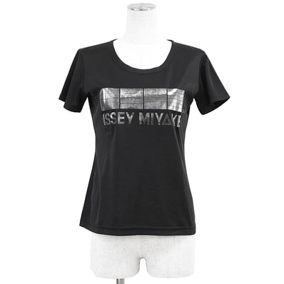 SALE【美品】ISSEY MIYAKE イッセイミヤケ カットソー 半袖 サイズ 2 レディース メタリックロゴ クルーネック ショートスリーブ ポリコットン Tシャツ トップス ブラック シルバー 黒 銀色 日本製