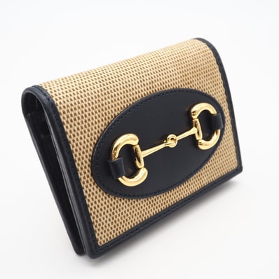美品 GUCCI グッチ ホースビット 1955 カードケース ウォレット コイン&紙幣入れ付き 621887 二つ折り財布 ベージュ ネイビー キャンバス レザー レディース