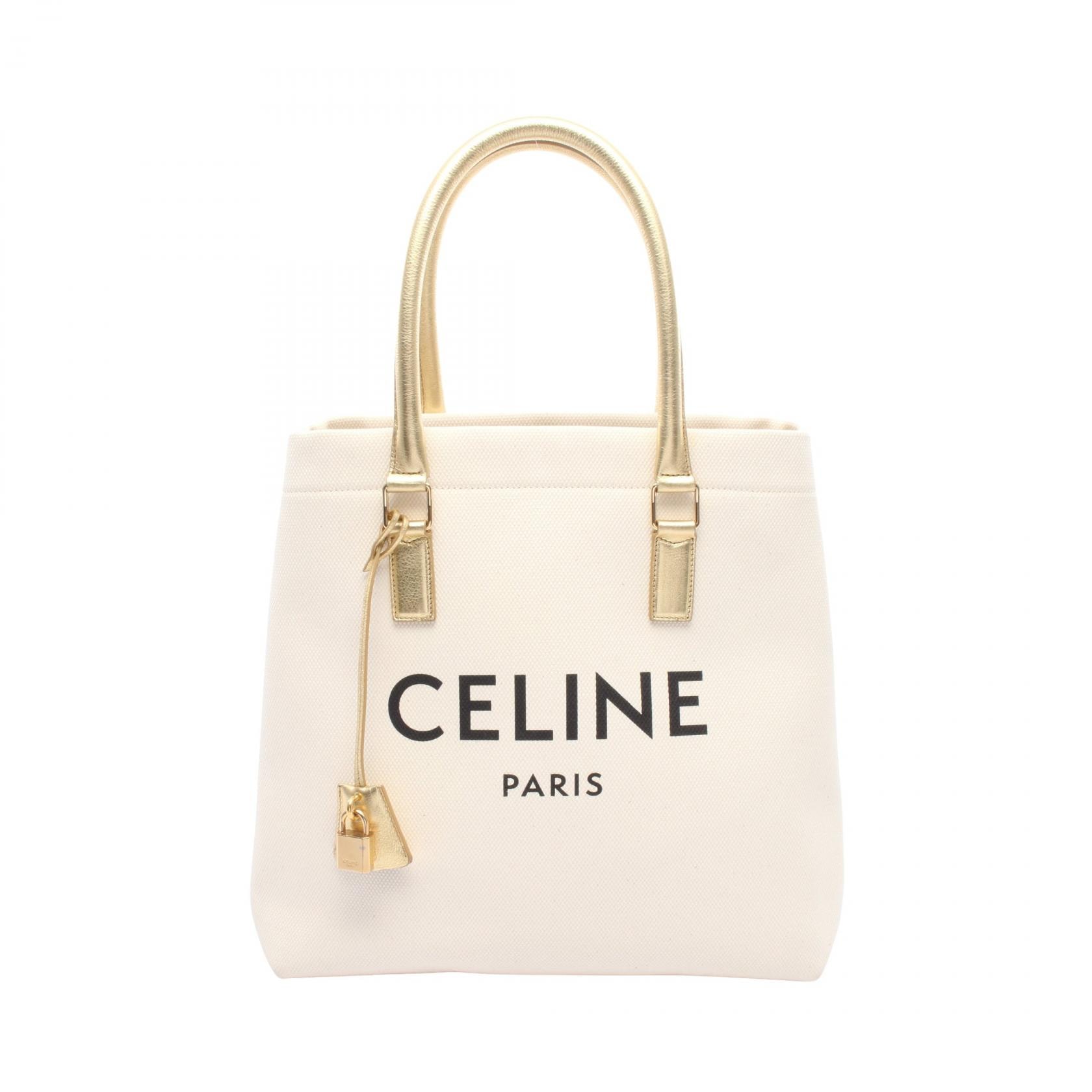 セリーヌ CELINE ホリゾンタル カバ トートバッグ バッグ キャンバス レザー レディース ホワイト系 / ゴールド系 192162 【中古】
