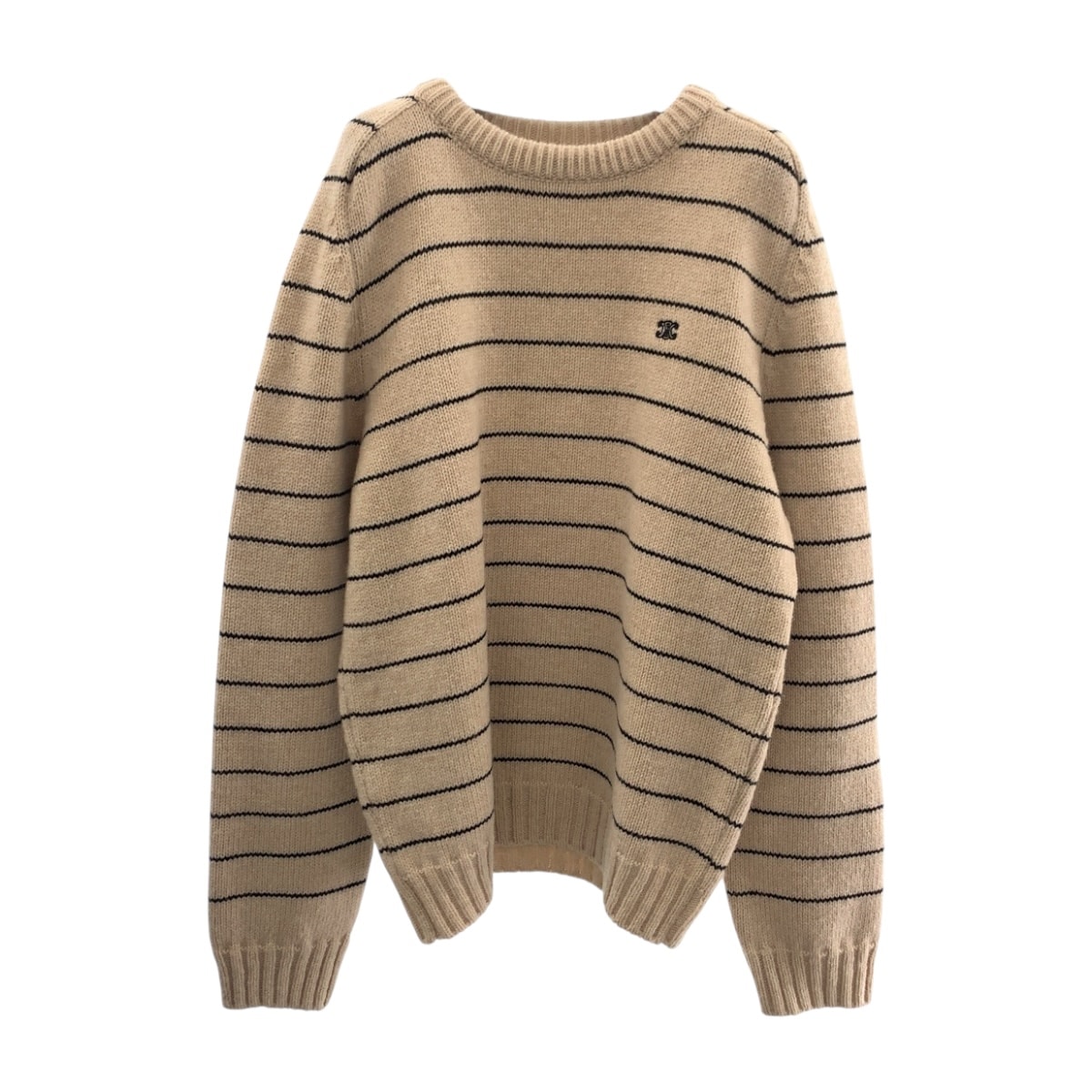 超美品 CELINE セリーヌ トリオンフ 刺繍ボーダーニット サイズL ベージュ ブラック ウール ニット クルーネック セーター 503967 【中古】