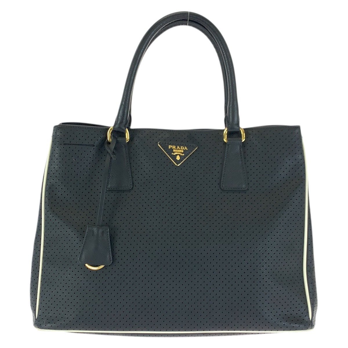 PRADA プラダ サフィアーノ パンチング 三角ロゴプレート ブラック 黒 ゴールド金具 レザー トートバッグ ハンドバッグ 601570 【中古】
