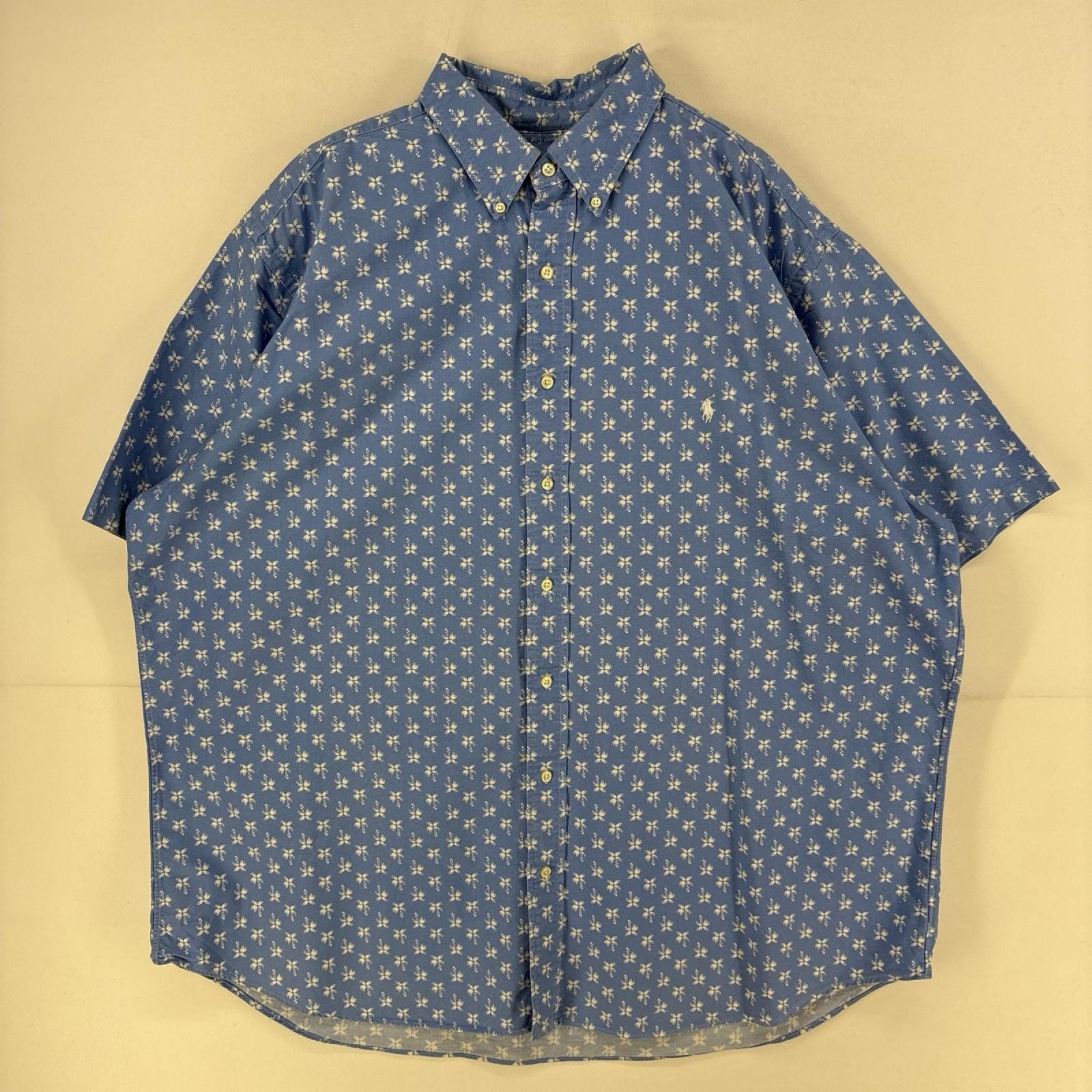 古着 ラルフローレン RALPH LAUREN 半袖シャツ ボタンダウン 大きいサイズ 総柄 柄シャツ ワンポイント 2XL  水色 総柄 メンズ