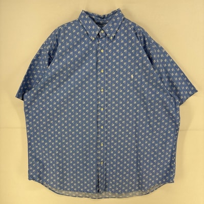 古着 ラルフローレン RALPH LAUREN 半袖シャツ ボタンダウン 大きいサイズ 総柄 柄シャツ ワンポイント 2XL 水色 総柄 メンズ