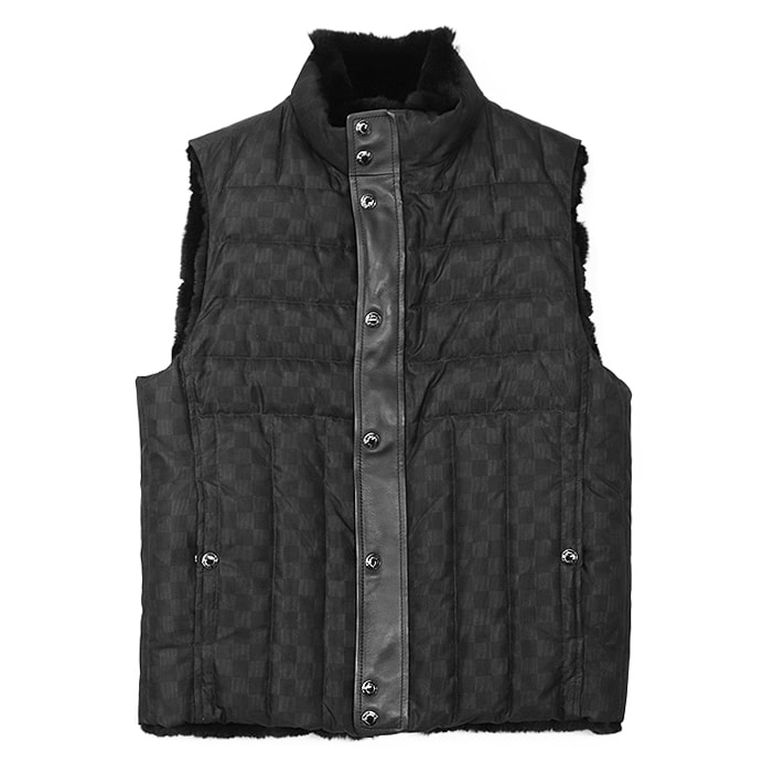 【美品】 ルイ・ヴィトン 2011AW ダミエ ワントーン パテッド ラビットファーライニング レザーフロント ベスト メンズ ブラック 46 LOUIS VUITTON