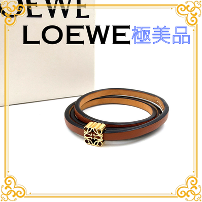 ■極美品■ LOEWE ロエベ アナグラム ブレスレット バングル ブラウン レザー ゴールド金具 アクセサリー レディース カーフ