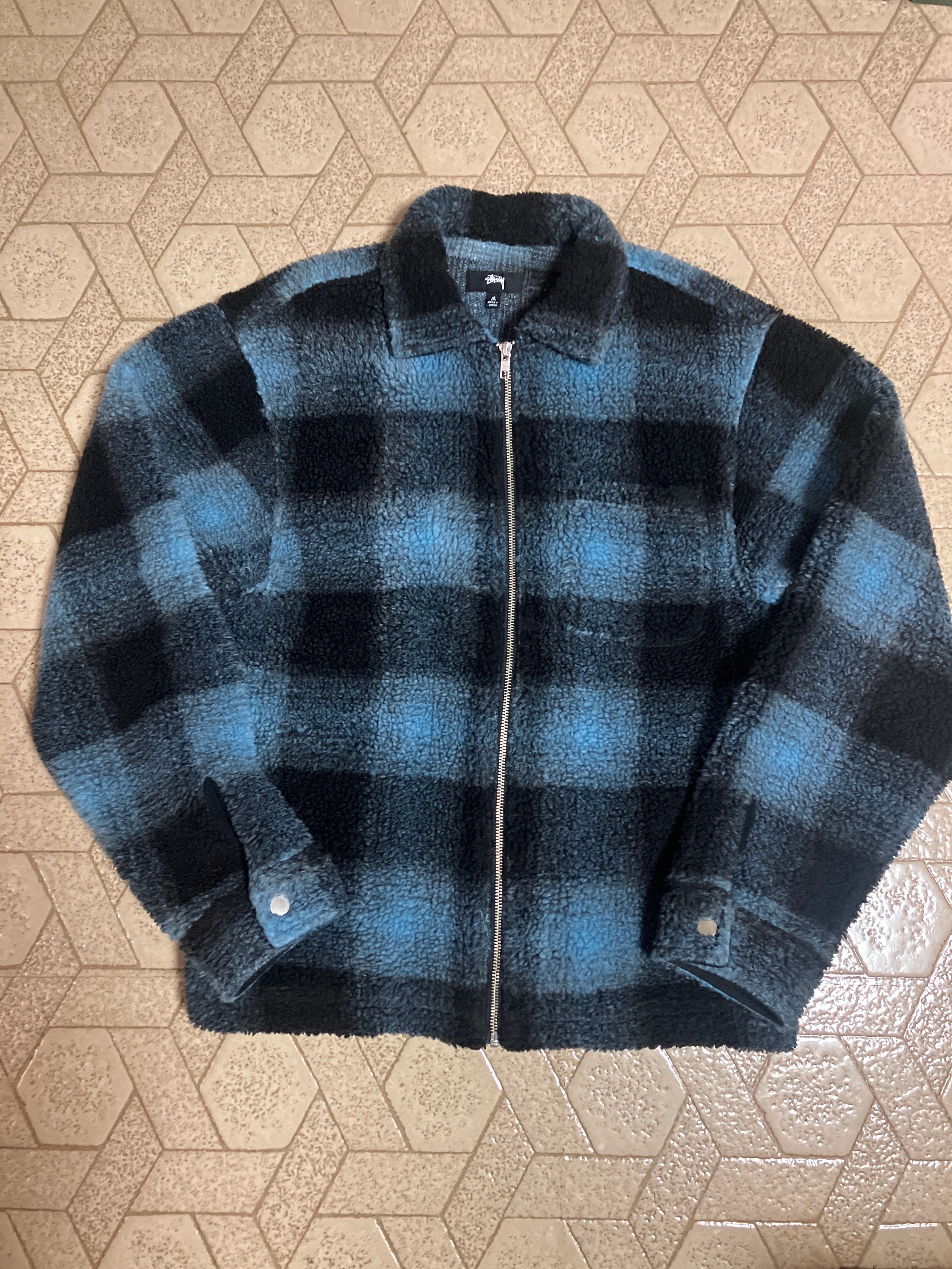 Stussy Shadow Plaid Sherpa Zip Shirt "Blue" 1110224