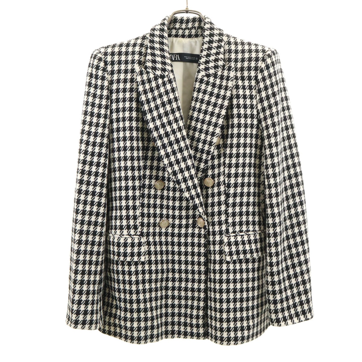 ZARA ザラ ハウンドトゥース柄 ダブルブレスト ツイードジャケット M ホワイト 千鳥格子
