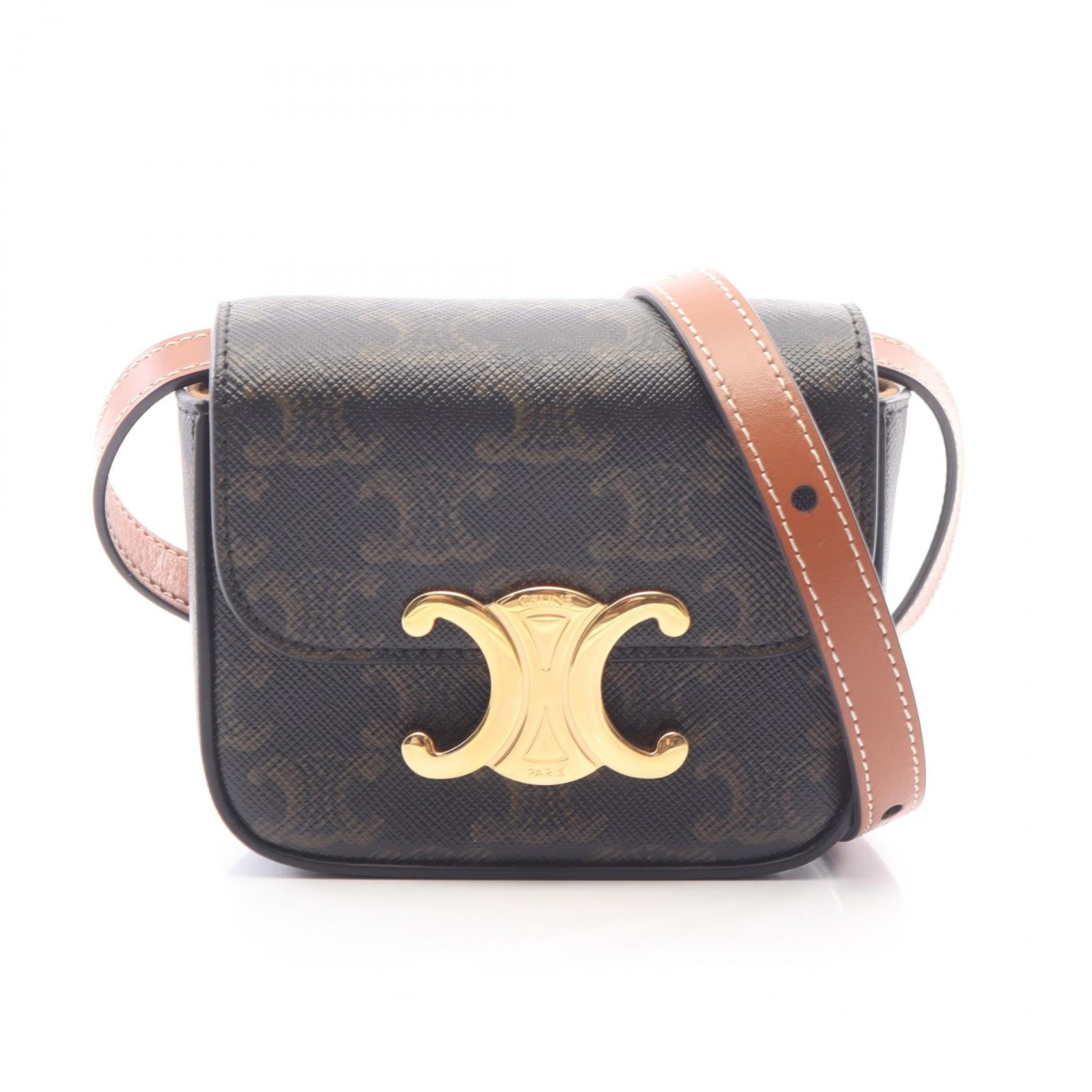 セリーヌ CELINE ミニクロード トリオンフ ショルダーバッグ バッグ PVCコーティングキャンバス レザー レディース ブラック系 / ブラウン系 【中古】