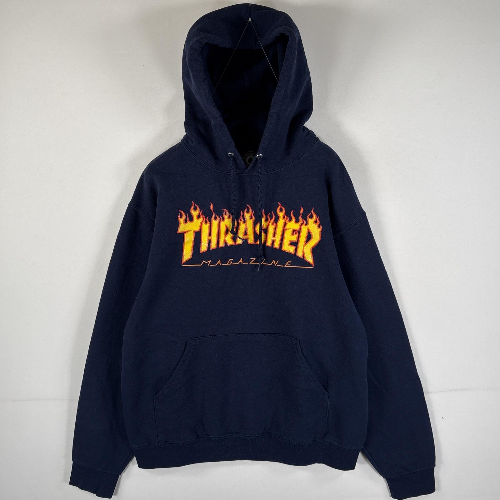 古着 スラッシャー THRASHER パーカー ビッグプリント マフポケット フードコード フーディー M  ネイビー メンズ