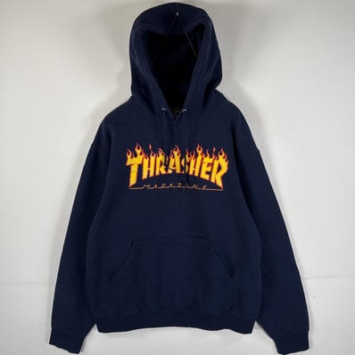 古着 スラッシャー THRASHER パーカー ビッグプリント マフポケット フードコード フーディー M ネイビー メンズ