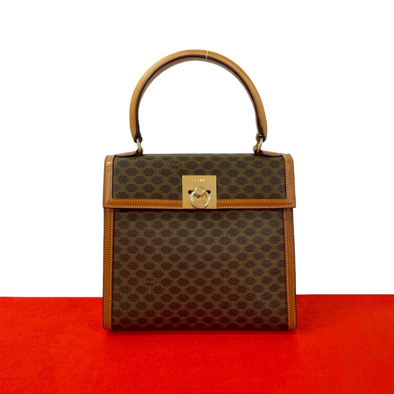 CELINE セリーヌ マカダム ブラゾン トリオンフ ロゴ リング金具 レザー PVC ハンドバッグ ブラウン
 34925