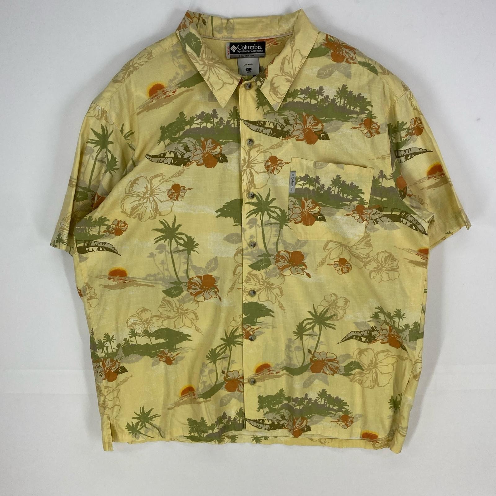 古着 コロンビア Columbia 半袖シャツ アロハシャツ 開襟 アウトドア ショートスリーブ XL イエロー系 総柄 メンズ