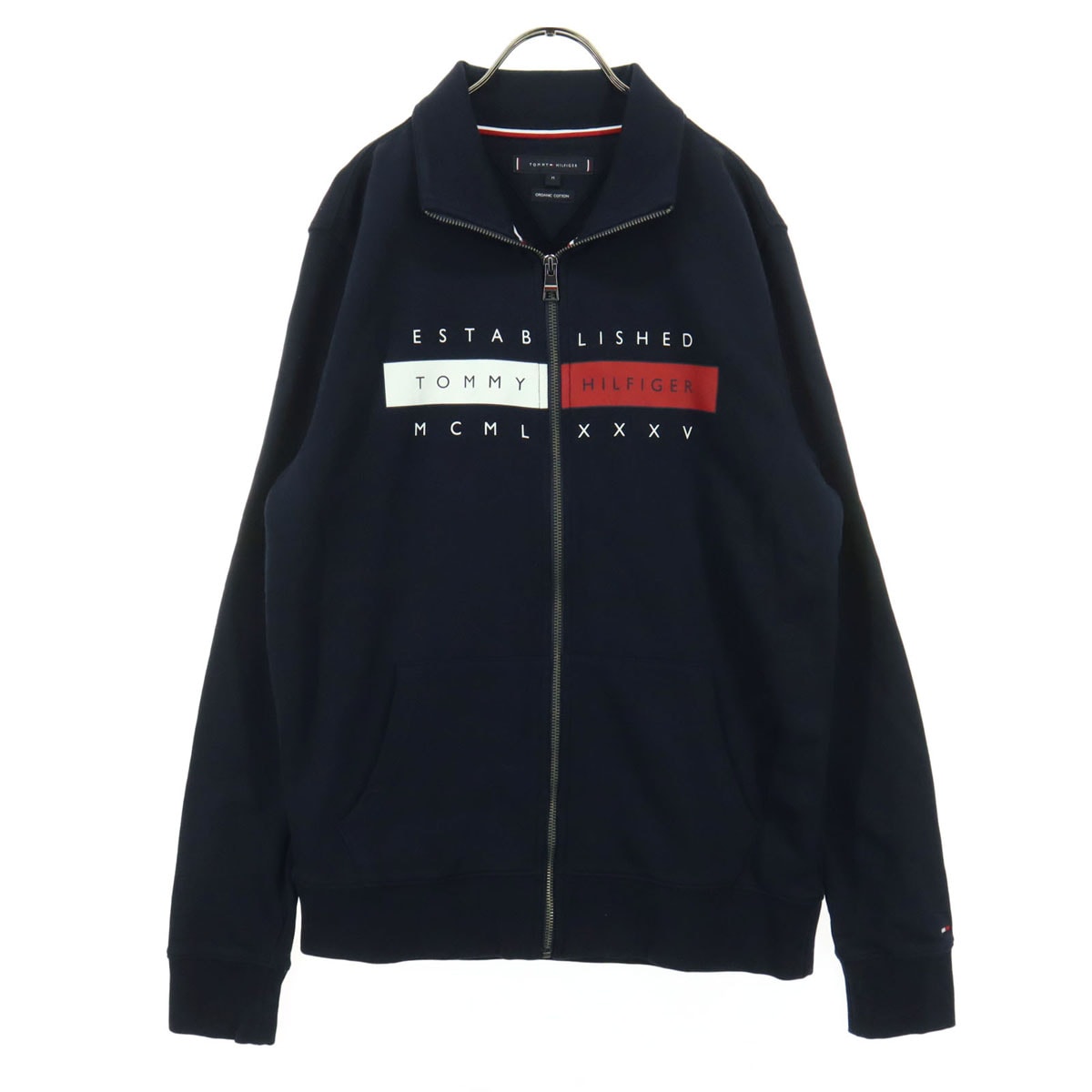 美品 TOMMY HILFIGER トミーヒルフィガー ブランドロゴ 長袖 ジップアップ スウェット M ネイビー