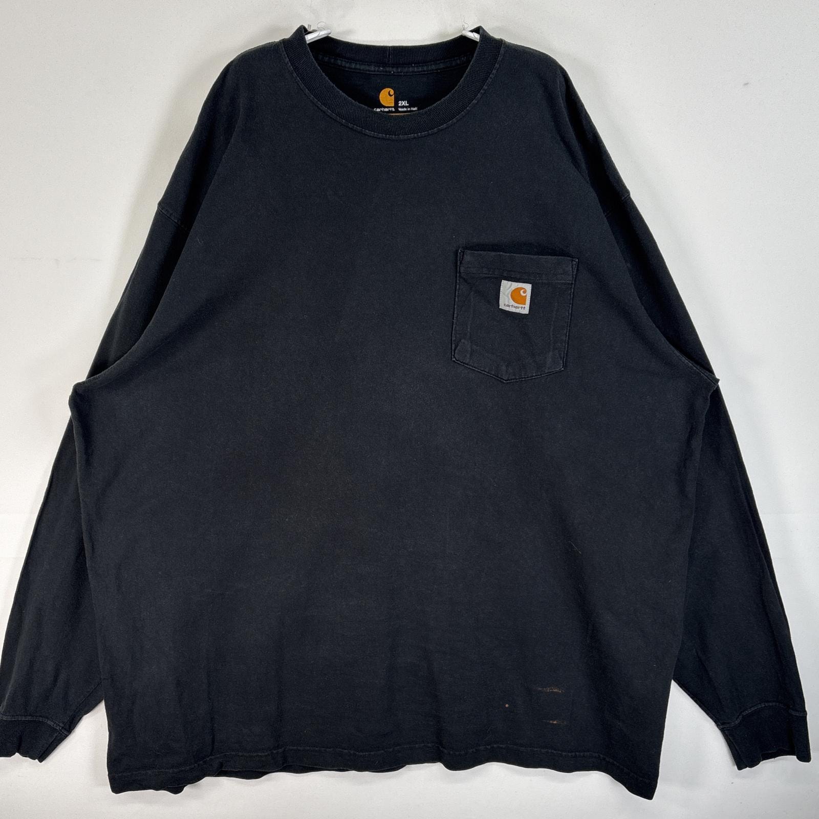 古着 カーハート Carhartt 長袖Tシャツ ワンポイント ロゴ 胸ポケ クルーネック 2XL  ブラック 無地 メンズ