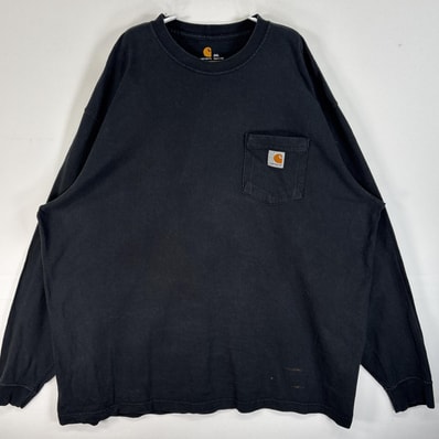 古着 カーハート Carhartt 長袖Tシャツ ワンポイント ロゴ 胸ポケ クルーネック 2XL ブラック 無地 メンズ