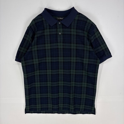 古着 エルエルビーン L.L.Bean 鹿の子 半袖シャツ マルチカラー ポロシャツ ショートスリーブ L グリーン系 チェック メンズ