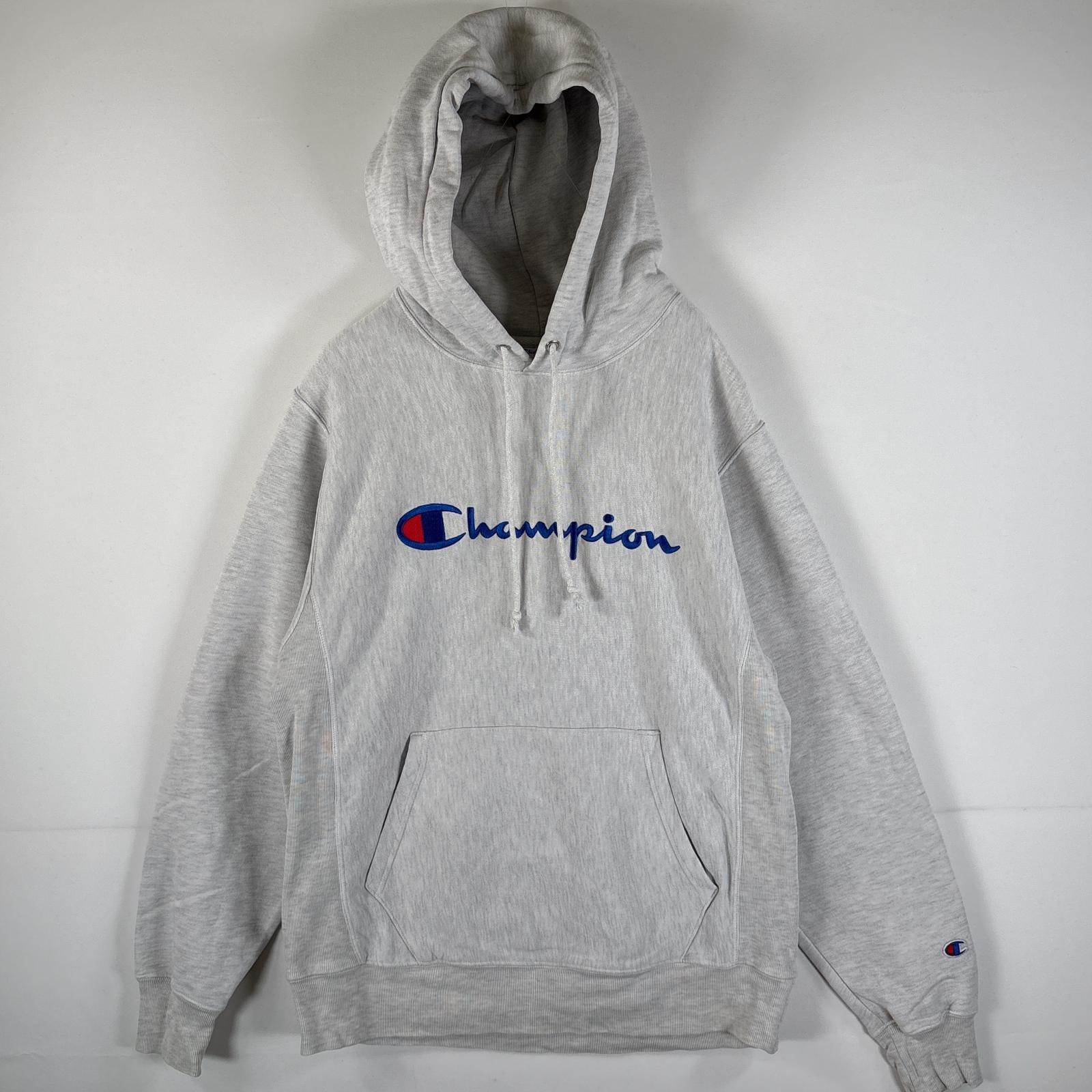 古着 チャンピオン Champion パーカー リバースウィーブ ワッペン刺繍ロゴ 肉厚 マフポケット M  グレー メンズ