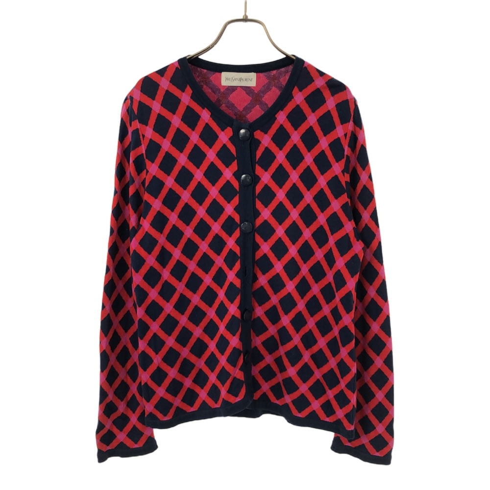 YVES SAINT LAURENT イヴサンローラン 90s 総柄 長袖 ニットカーディガン M ネイビー×レッド オールド ヴィンテージ