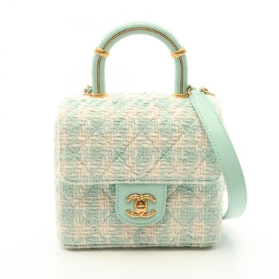 シャネル CHANEL マトラッセ トップハンドル チェック 2WAY ショルダーバッグ バッグ ファブリック レザー レディース ホワイト系 / グリーン系 【中古】